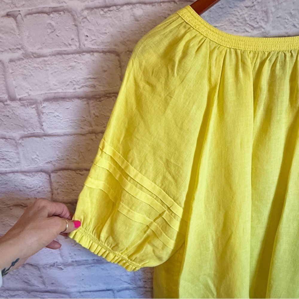 Talbots Bright Yellow Linen Blouse Tassel Tie Neck Short Sleeves Peasant Top 2X - Picture 4 of 6